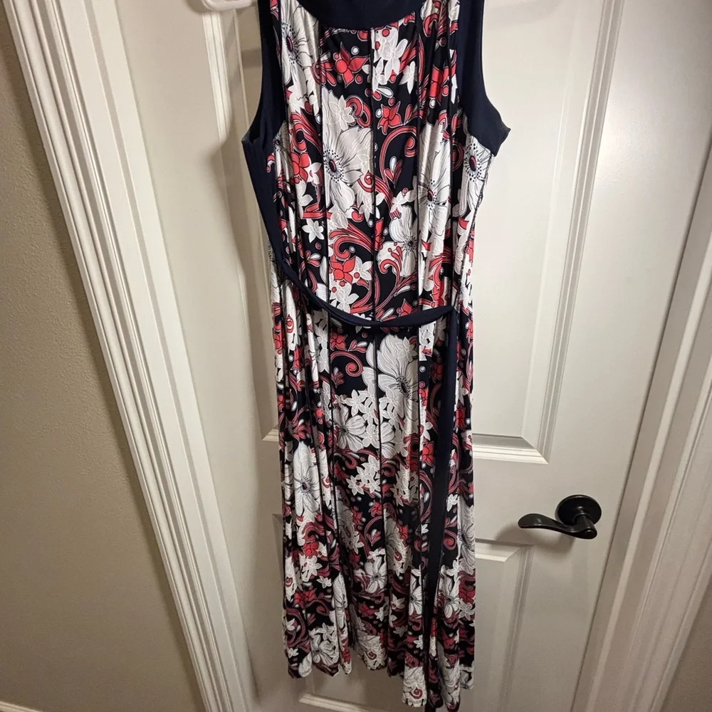 Perceptions NY | Sleeveless Floral Navy Coral &White Textured Maxi Dress L - Picture 4 of 4